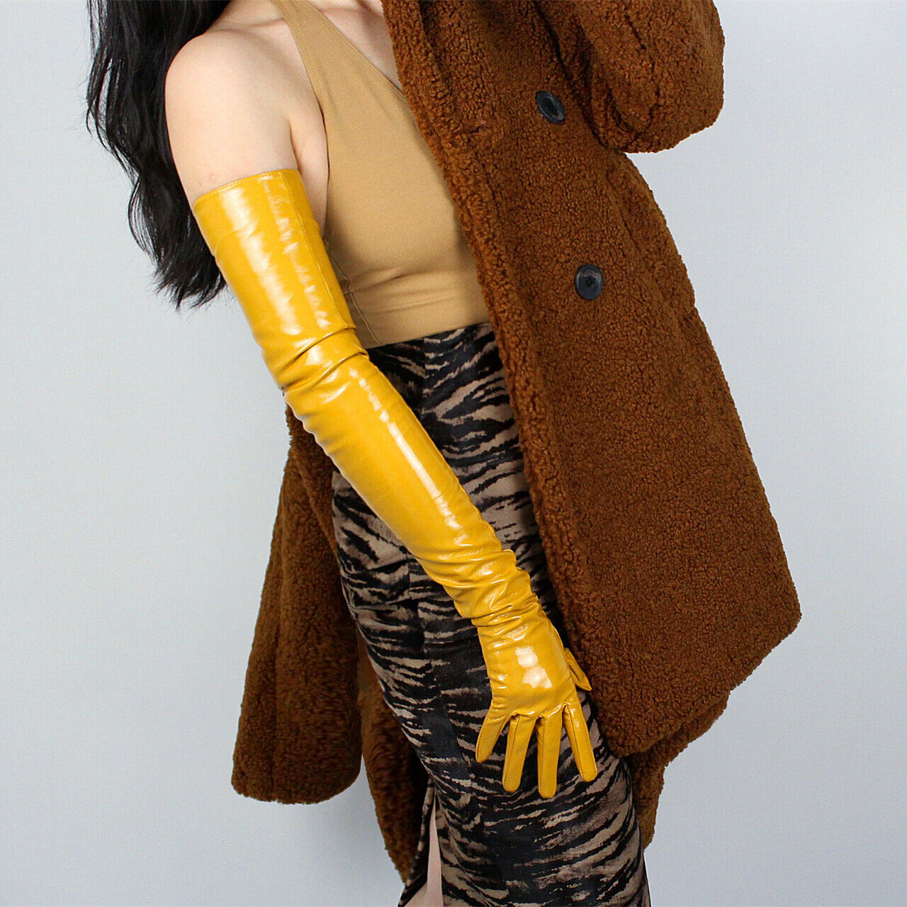 LATEX LONG GLOVES Shine Leather Faux Patent PU 28" 70cm Opera Mustard Yellow