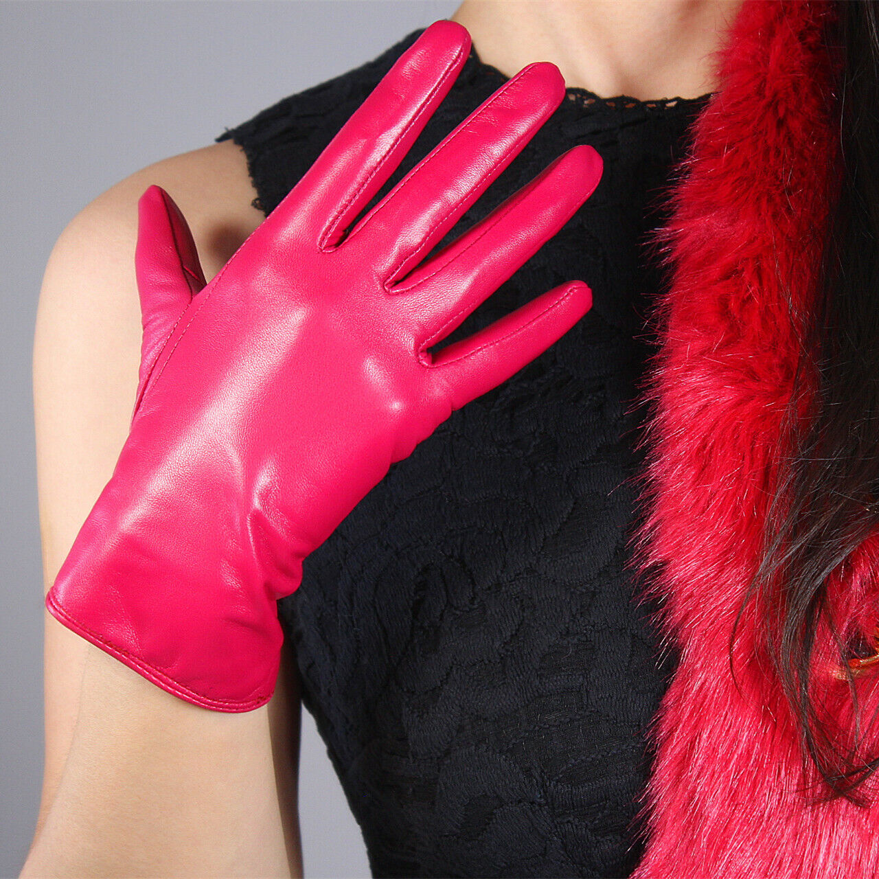 REAL LEATHER GLOVES Wrist Short Lambskin Sheepskin 23cm Hot Pink Rose Magenta