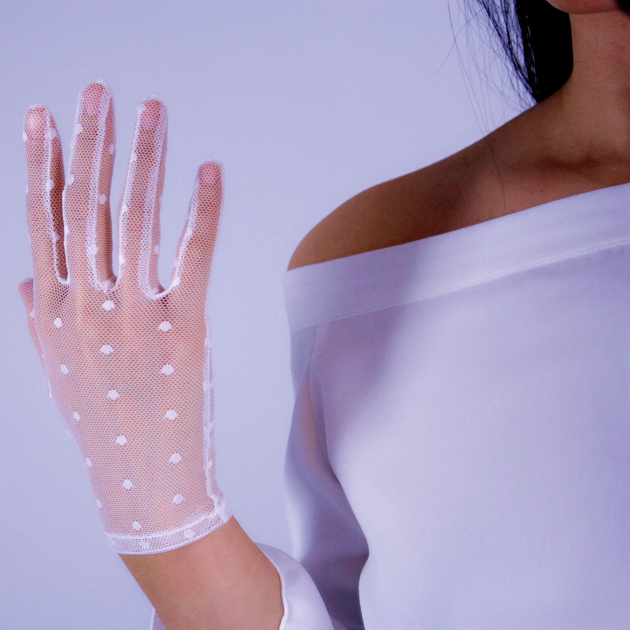 MESH SHORT GLOVES Polka Dot Lace Stretch Tulle Semi Sheer Touchscreen White