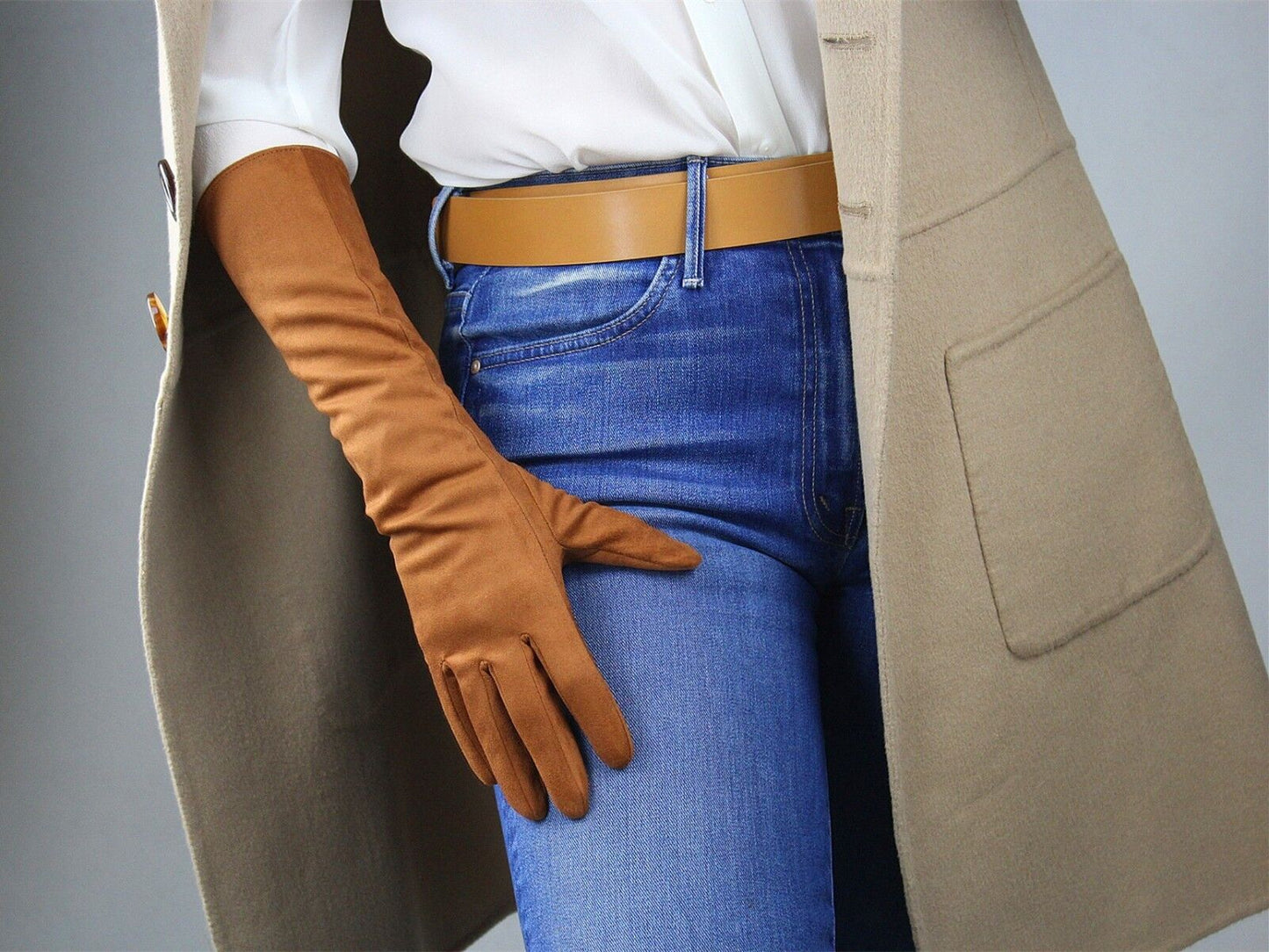 Suede Long Gloves Faux Leather 16" 40cm Opera Evening Brown Double-faced Suede