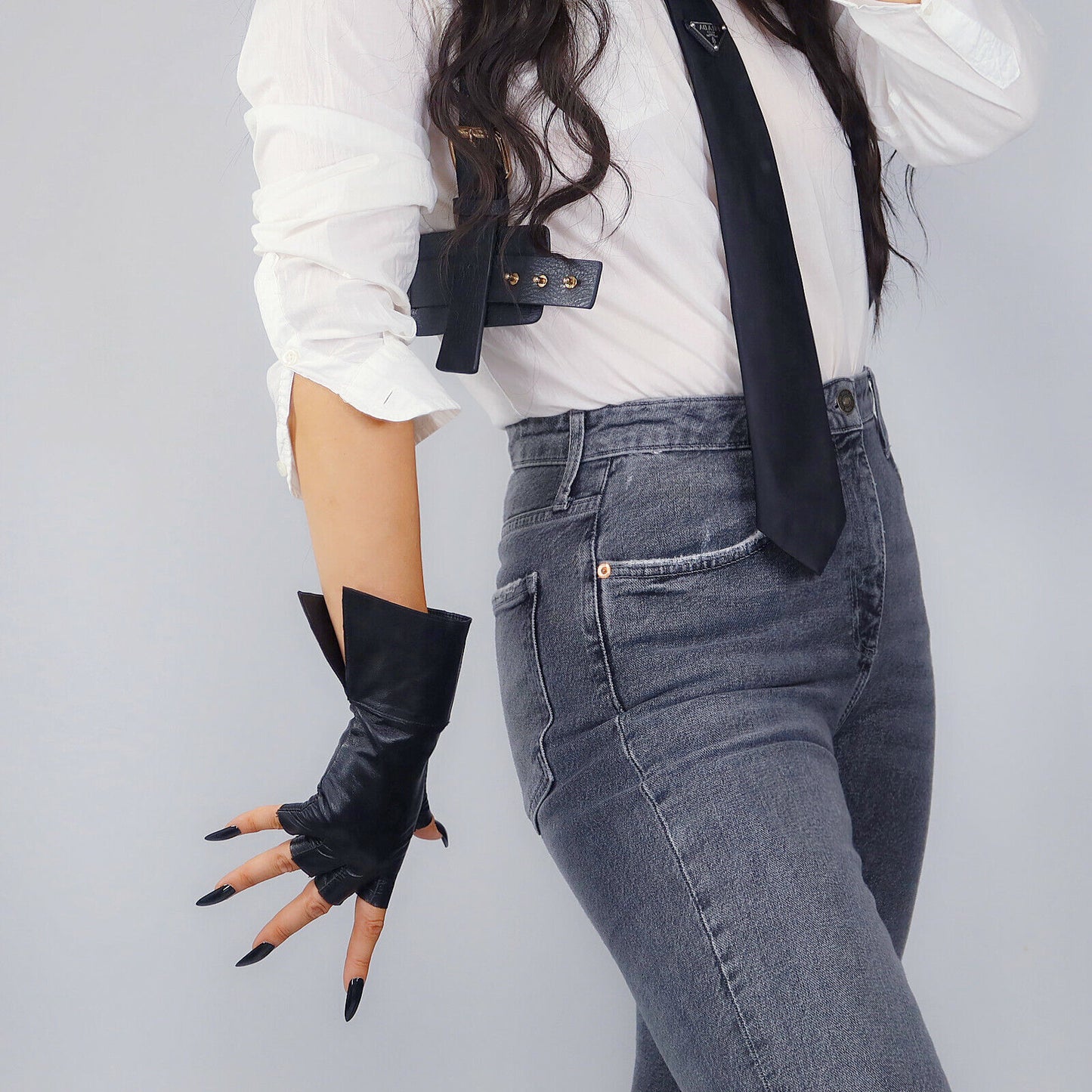 REAL LEATHER GLOVES Black Half Finger