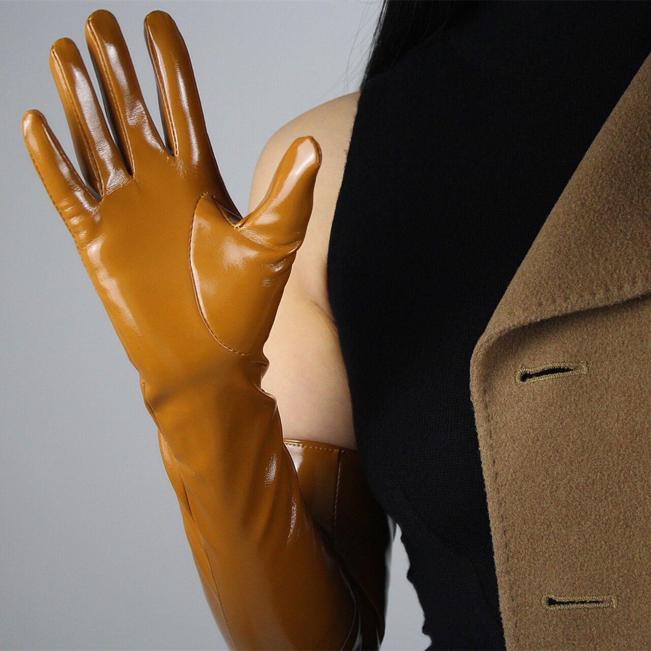 LATEX LONG GLOVES Shine Leather Faux Patent PU 24" 60cm Opera Evening Brown