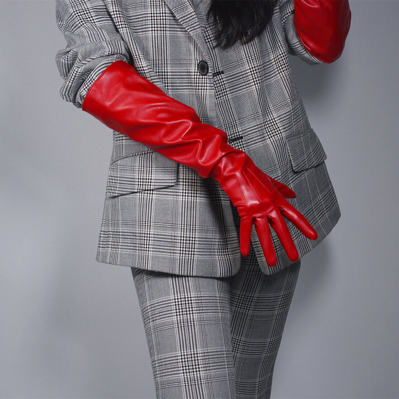 LONG GLOVES Faux Leather Lambskin PU 20" 50cm Hot Red Large Unisex PUFF SLEEVES