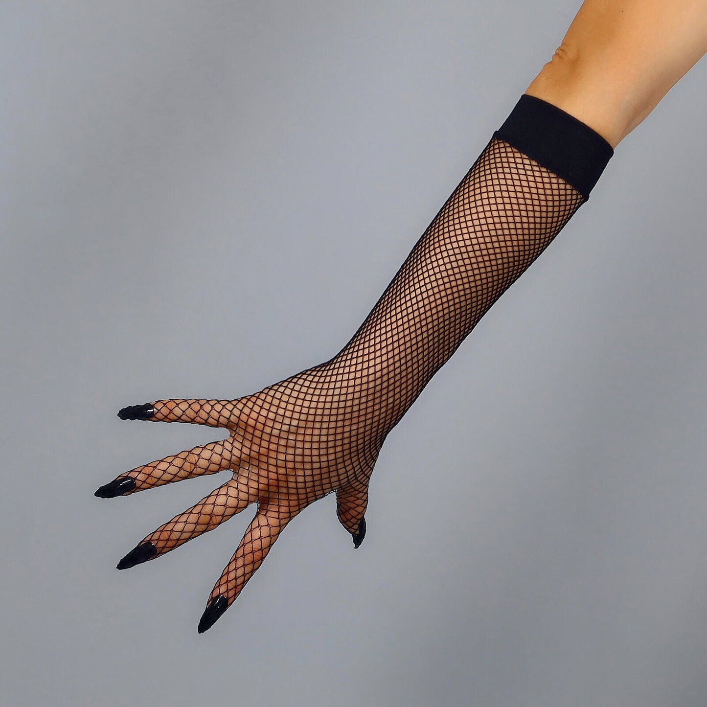 FISHNET LONG GLOVES Seamless Stretch Lace Mesh Tulle Sheer Touchscreen Black Elbow