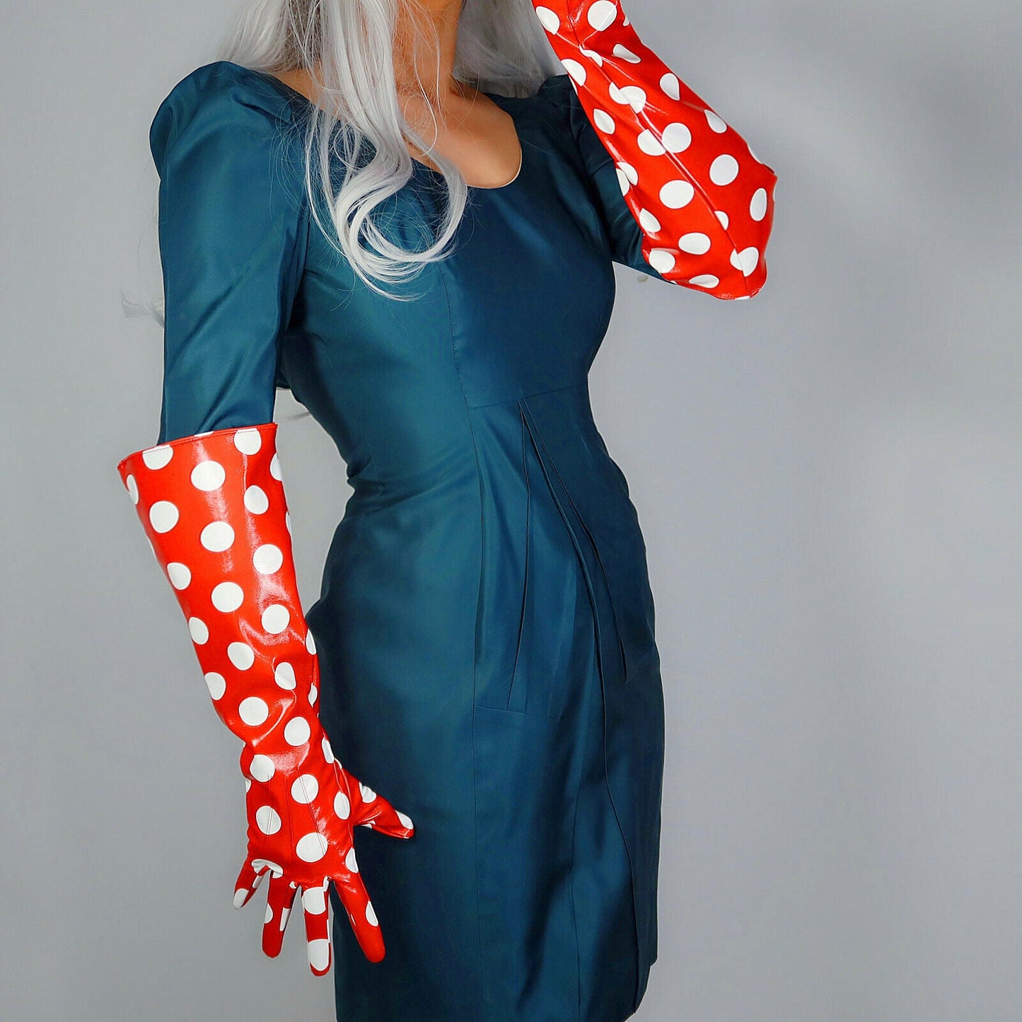 LATEX LONG GLOVES Faux Shine Patent Leather 20" 50cm Polka Dot Red PUFF SLEEVES