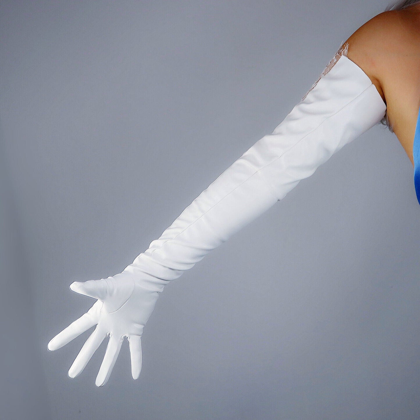 LONG GLOVES Lace Panel Faux Leather PU 28" 70cm White Extra Long Fitted