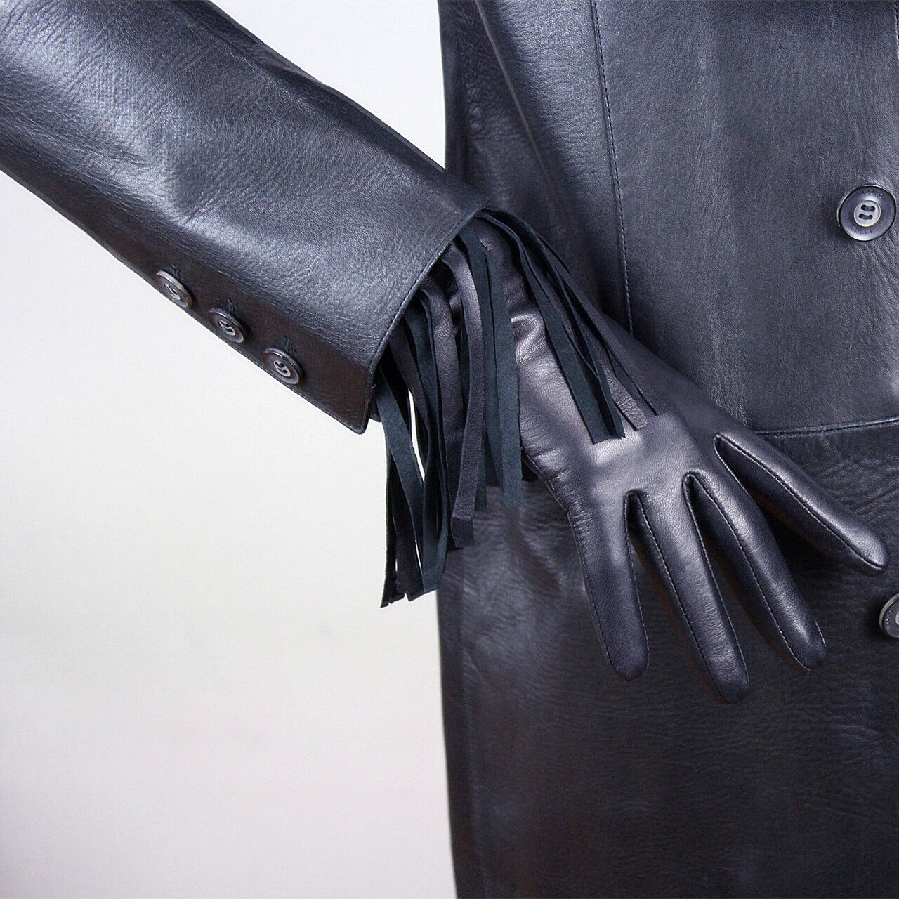 TECH GLOVES Real Leather Black Lambskin Sheepskin Wrist Long Short Fringe Cuffs