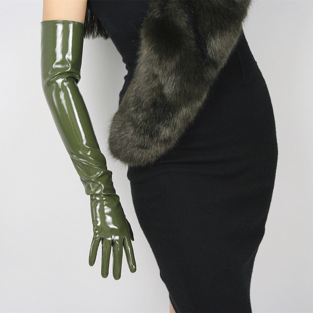 LATEX LONG GLOVES Shine Leather Faux Patent PU 24" 60cm Fashion Olive Army Green