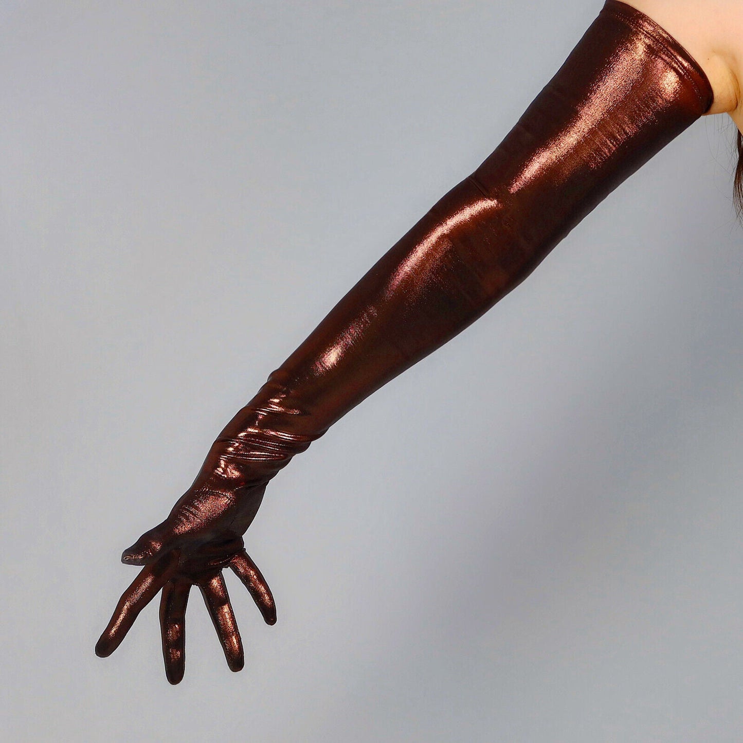 METALLIC GLOVES 28" 70cm Extra Long Liquid Gold Brown Coffee Shine Glow FITTED