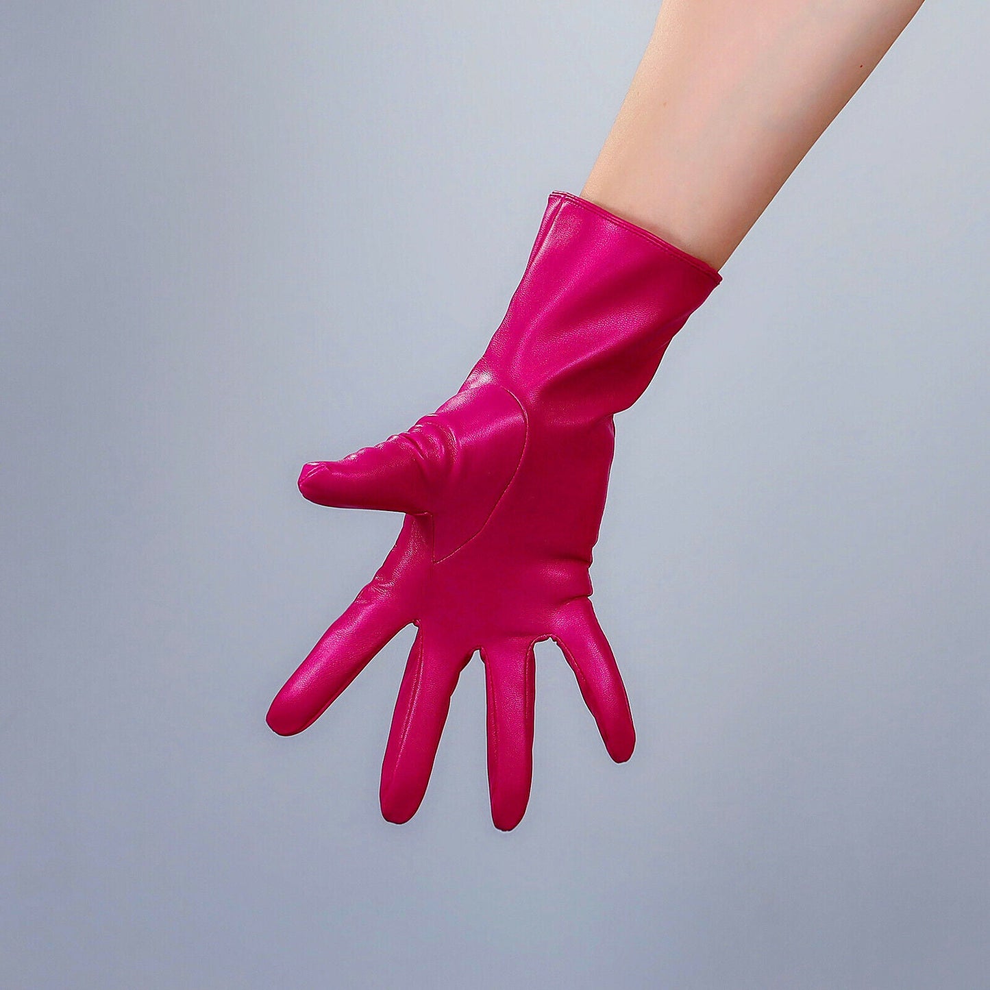 FASHION GLOVES Faux Leather Vegan 11" 28cm Wrist Short Rose Pink Fuchsia Fushia