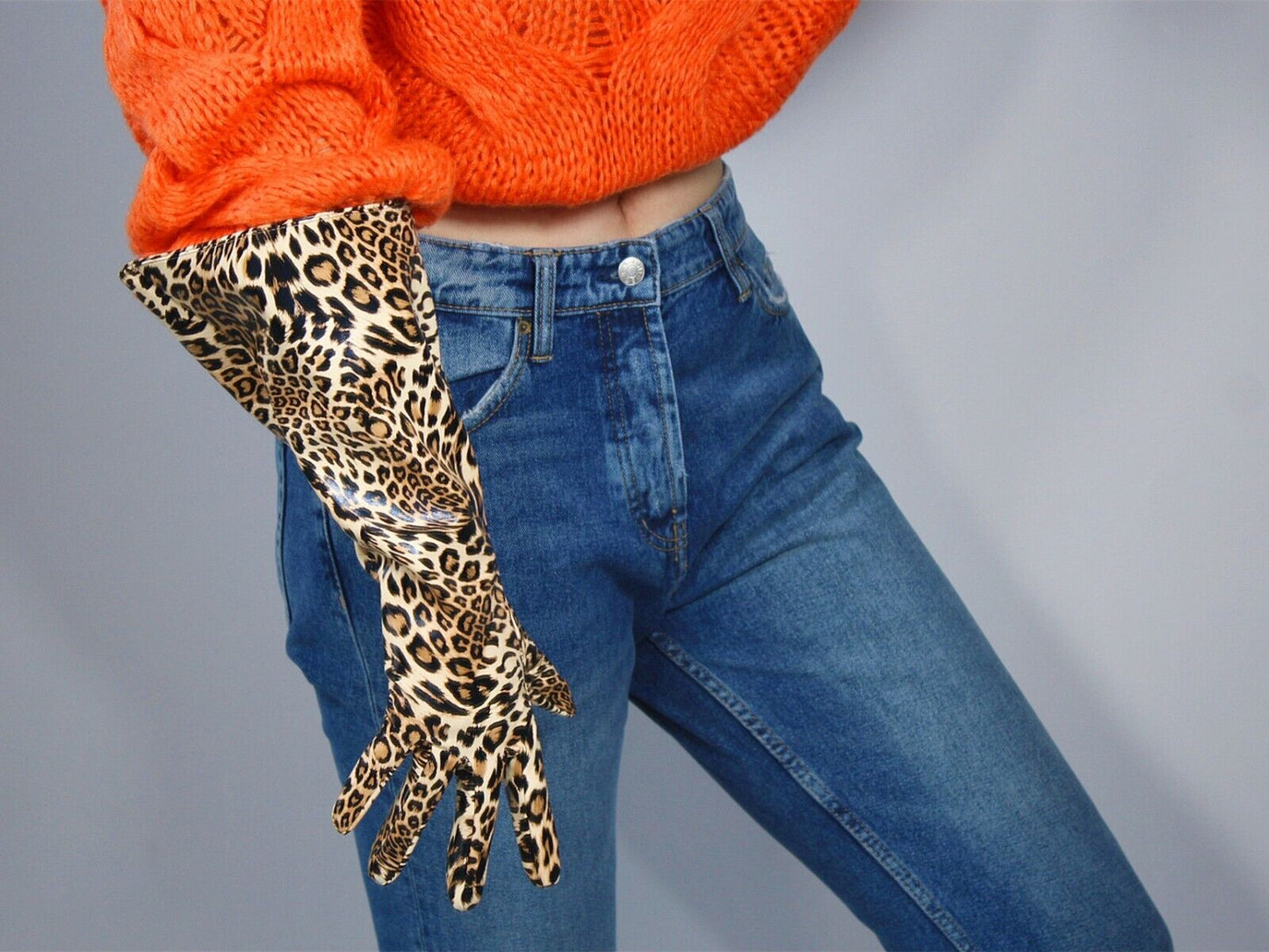 PATENT LONG GLOVES Unisex Faux Leather Wide Balloon Puff Sleeves L Leopard 38cm