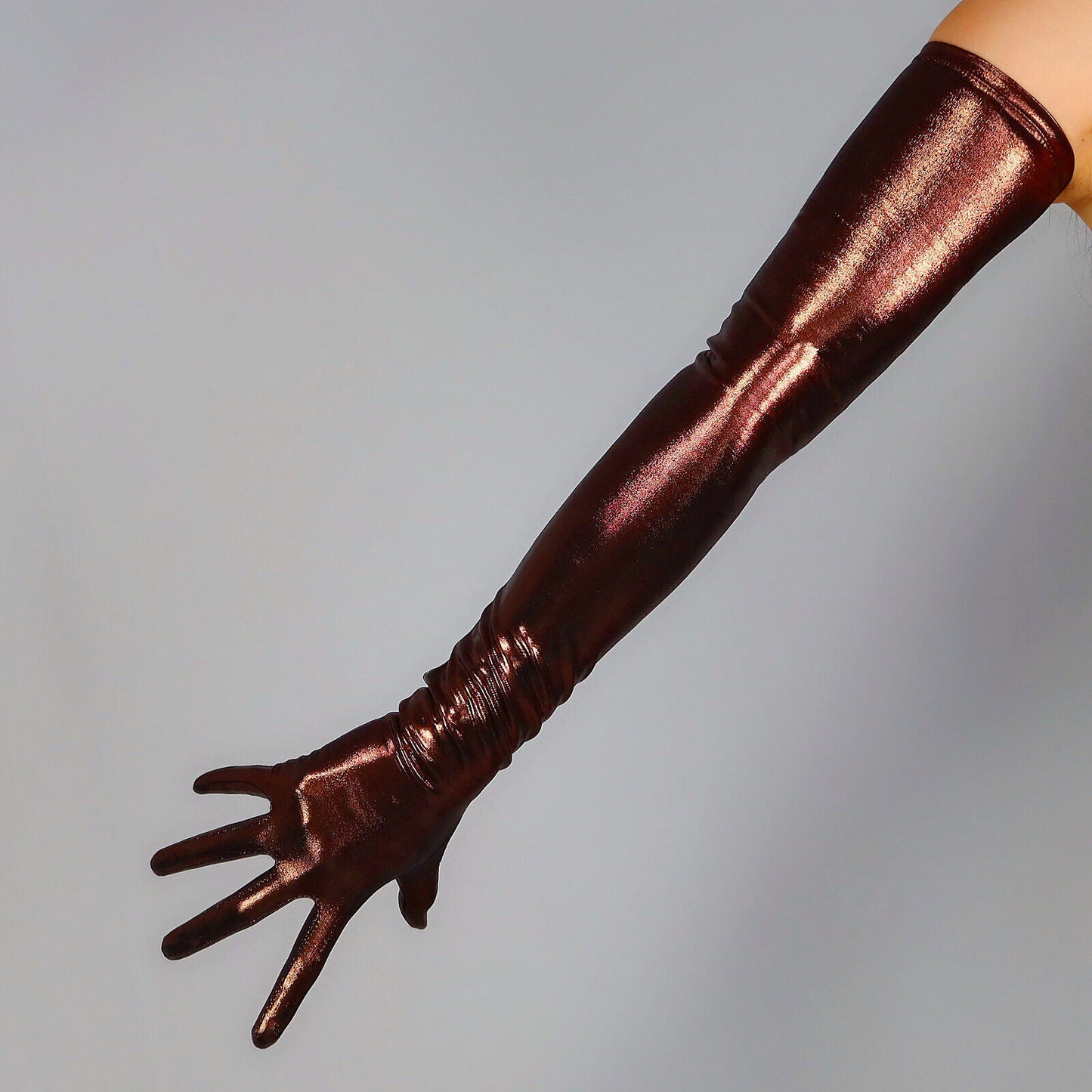 METALLIC GLOVES 28" 70cm Extra Long Liquid Gold Brown Coffee Shine Glow FITTED