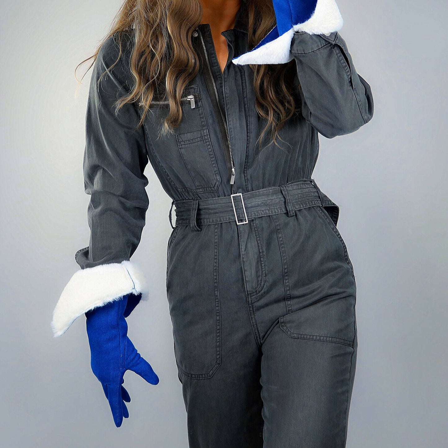 SHEARLING LONG GLOVES Denim Blue 15" 38cm Faux White Fur Big Puff Sleeves Unisex