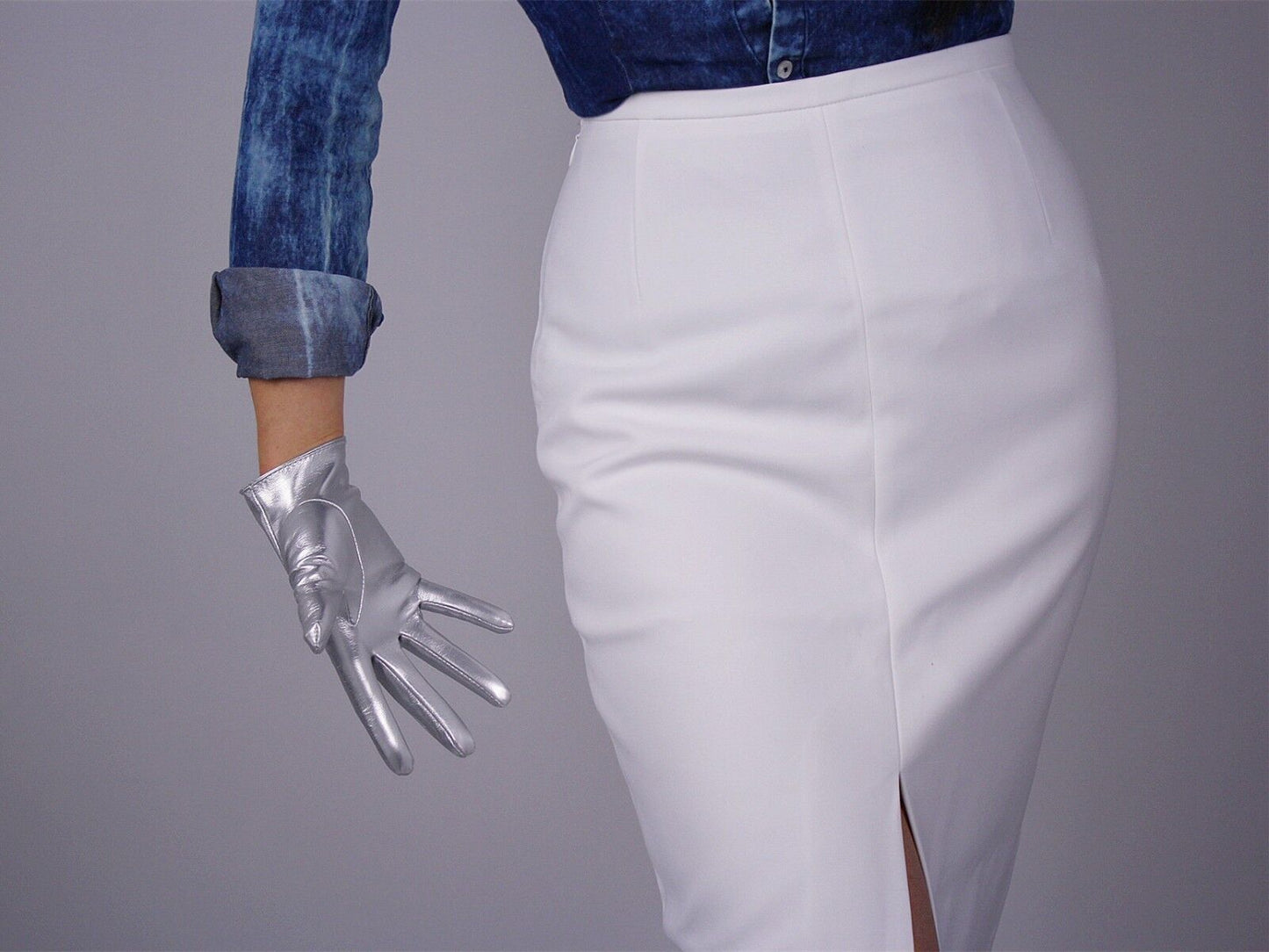 LATEX GLOVES Shine Leather Faux Patent PU 8" 21cm Short Opera Evening Silver