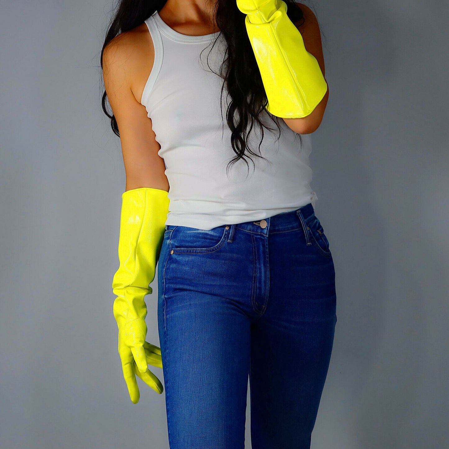 LATEX GLOVES 50cm Puff Long Shine Leather Faux Patent Lime Fluorescent Yellow