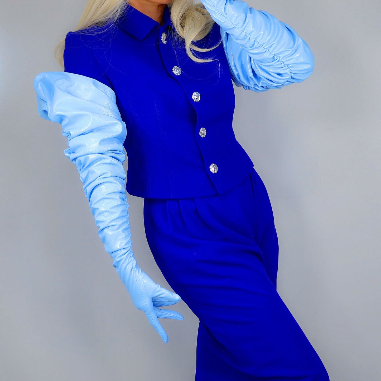 RUCHED LATEX GLOVES Faux Patent Leather 40" 100cm 1M Extra Long Blue Unisex PUFF