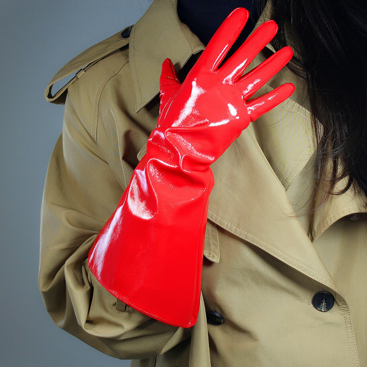 PATENT LONG GLOVES Unisex Faux Leather Wide Balloon Puff Sleeves Large Red 38cm