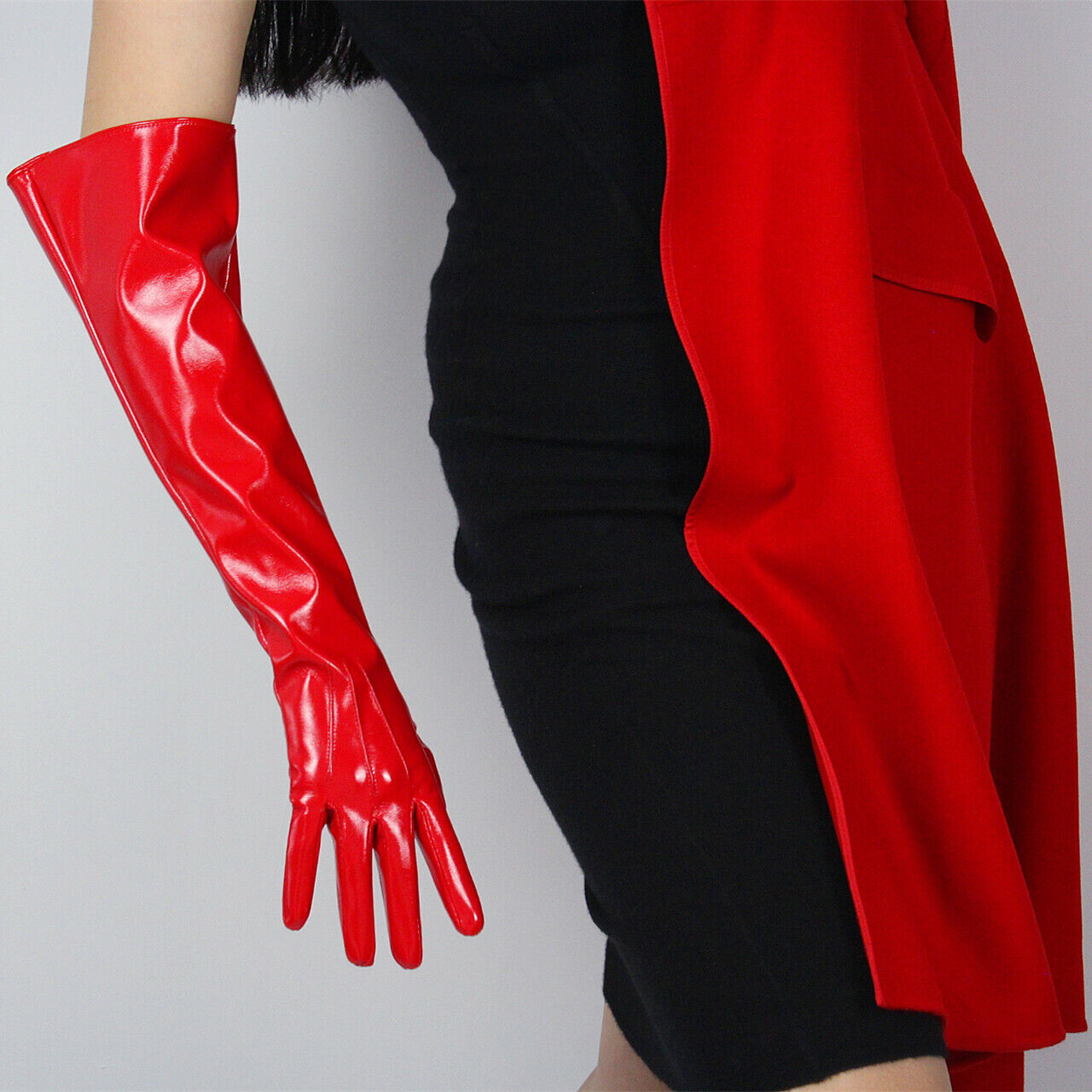 PATENT LONG GLOVES Unisex Faux Leather Elbow 50cm Large Shine Red PUFF SLEEVES L