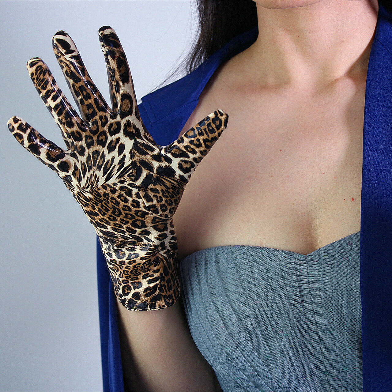 LATEX SHORT GLOVES Shine Leather PU 11" 28cm Animal Print Brown Cheetah Leopard