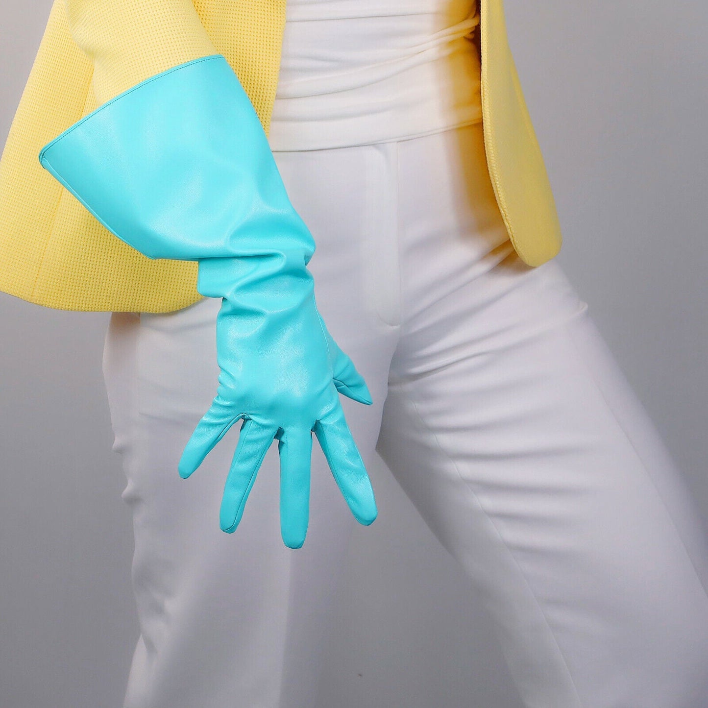 EXTRA LONG FASHION GLOVES Faux Leather 15" 38cm Aqua Blue Robin Mint Green Loose