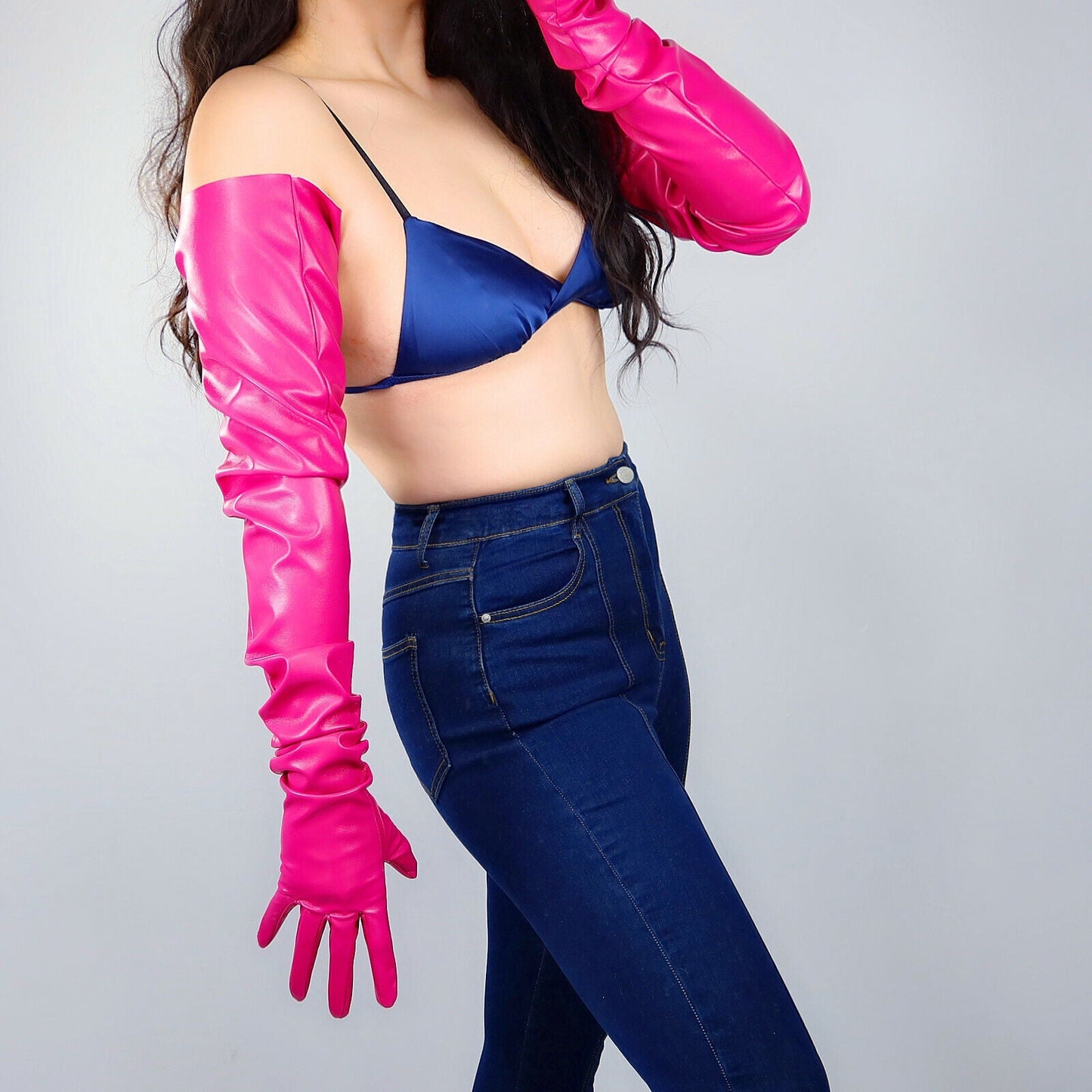 EXTRA LONG FASHION GLOVES Faux Leather Vegan 35" 90cm Rose Pink Fuchsia Magenta