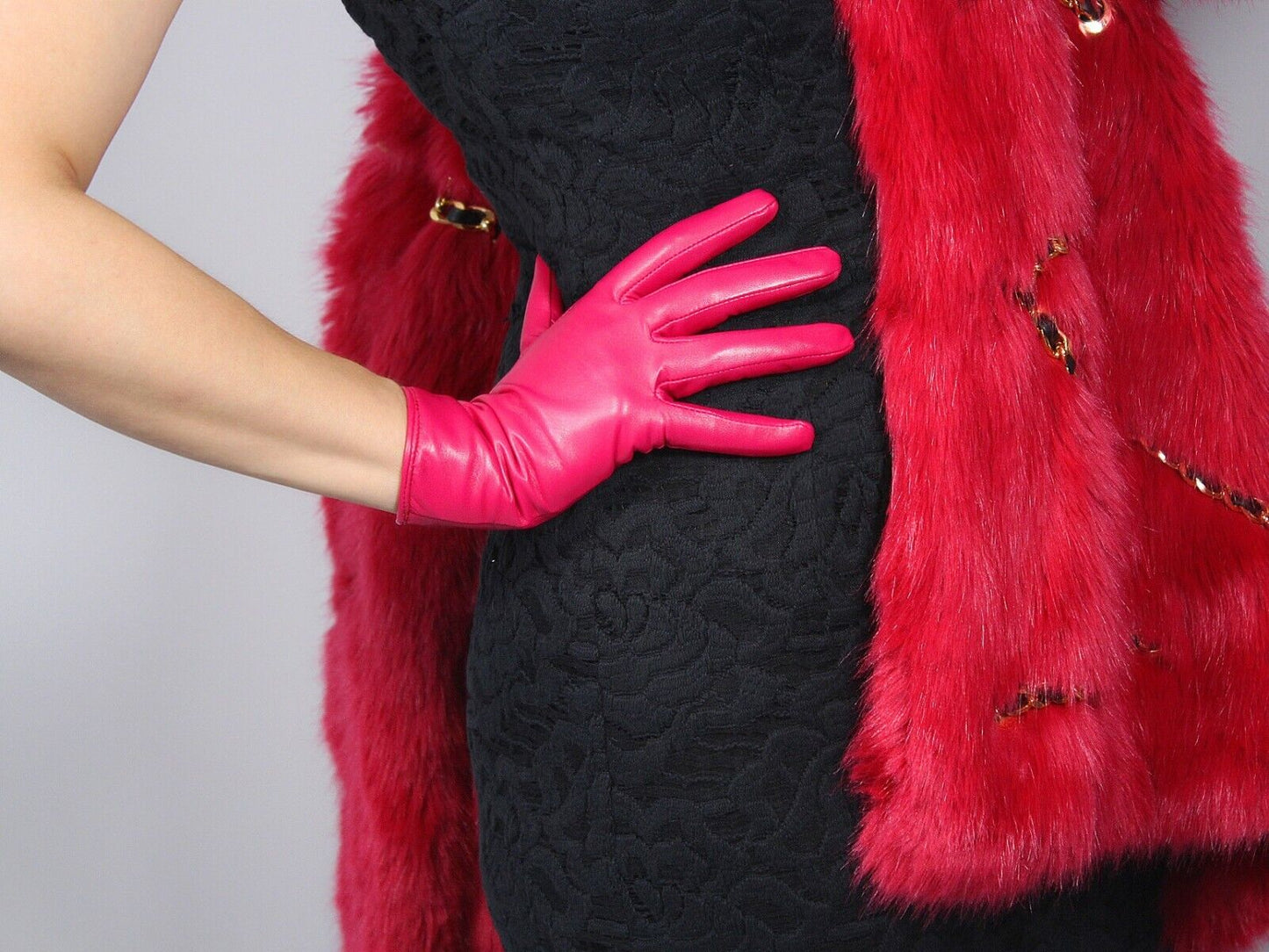 REAL LEATHER GLOVES Wrist Short Lambskin Sheepskin 23cm Hot Pink Rose Magenta