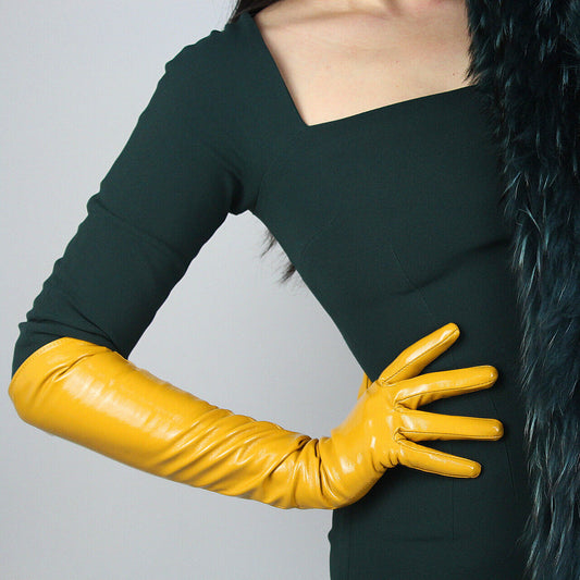 LATEX LONG GLOVES Shine Leather Faux Patent PU 20" 50cm Opera Ginger Yellow