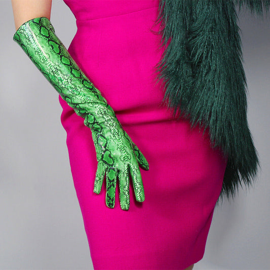 LATEX LONG GLOVES Shine Leather PU 20" 50cm Animal Print Snakeskin Python Green