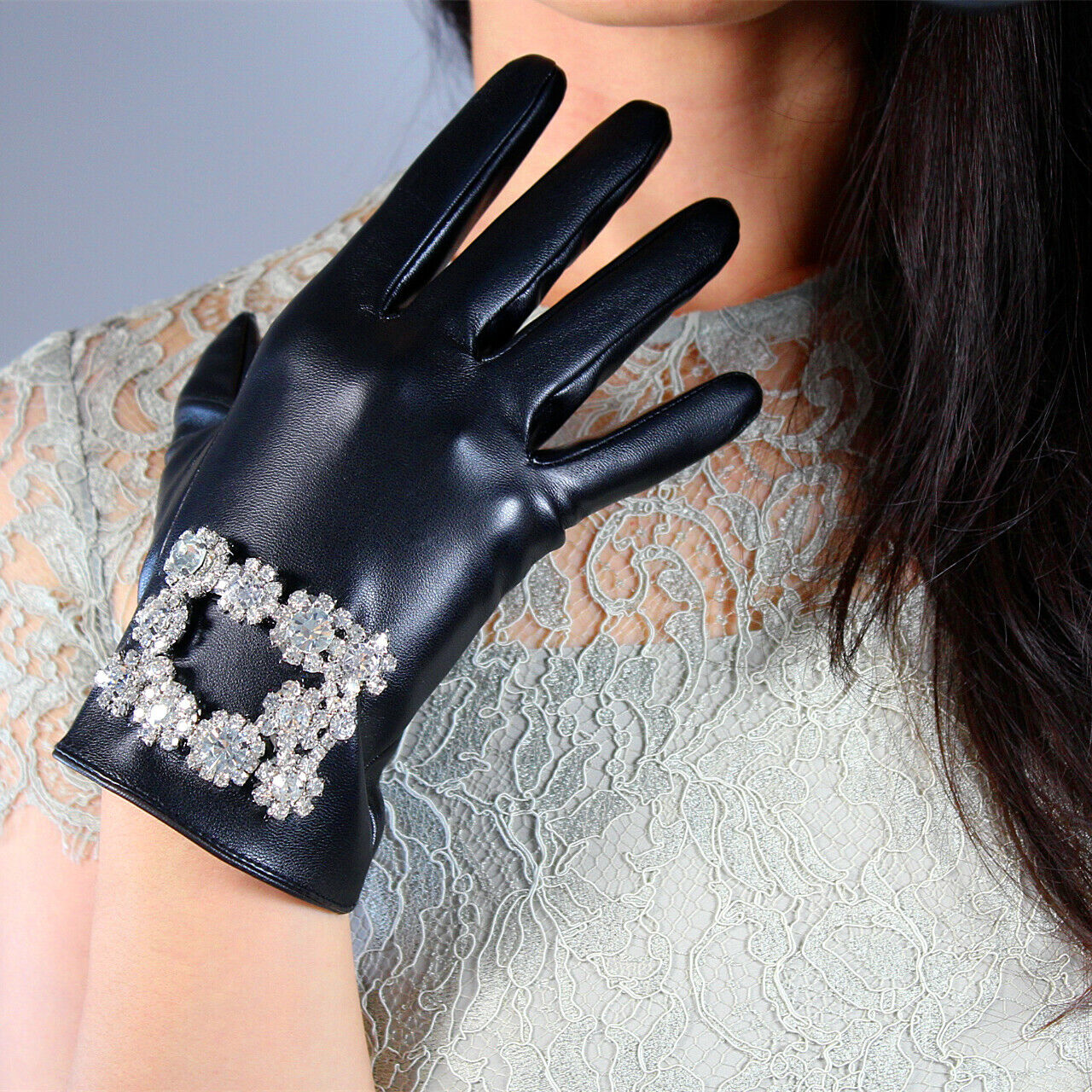 TECH GLOVES Faux Leather Wrist Short Black Sparkle White Crystal Square Buckle