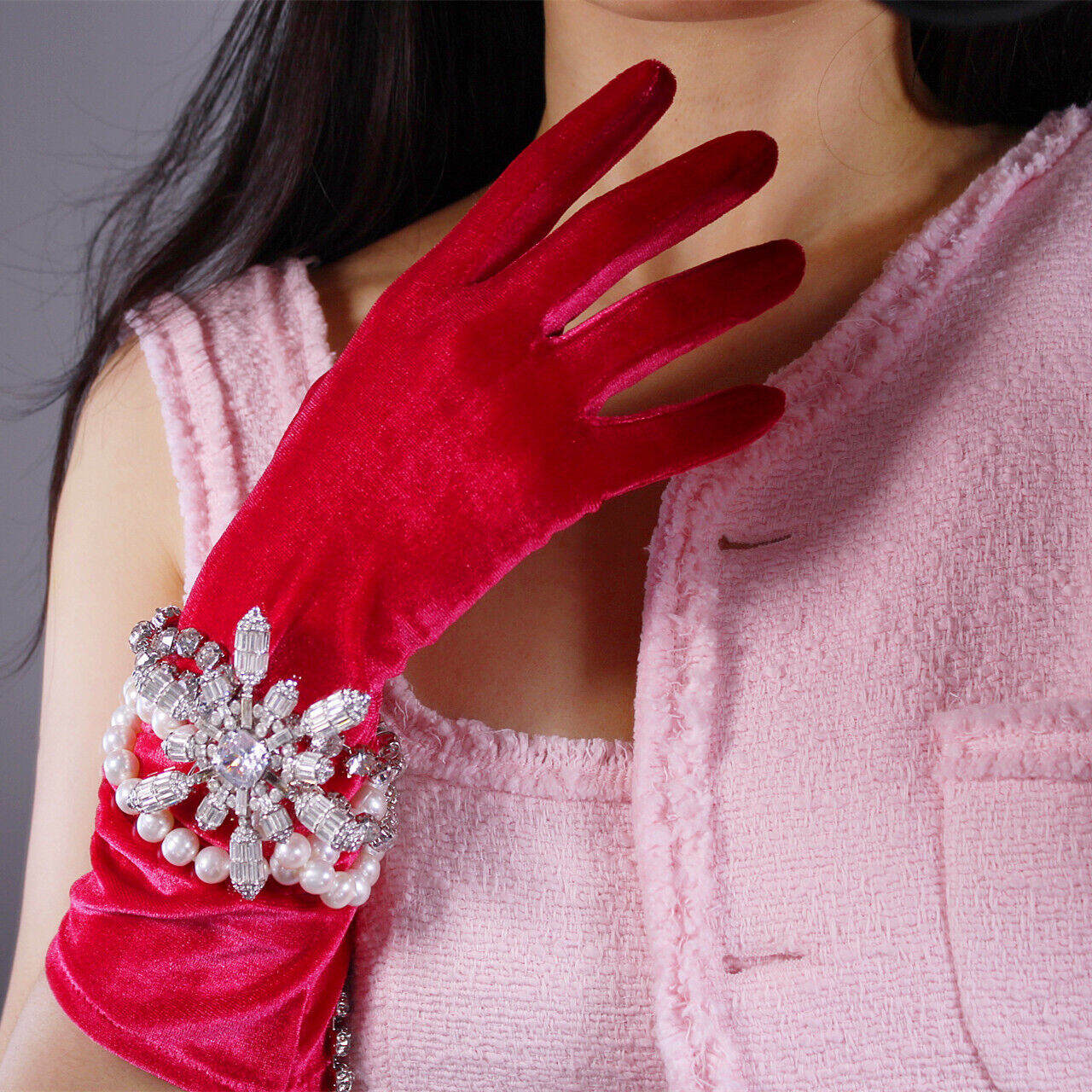 Velvet Gloves Opera Elbow Long Stretch Magenta Rose Pink 40cm 15" Touchscreen