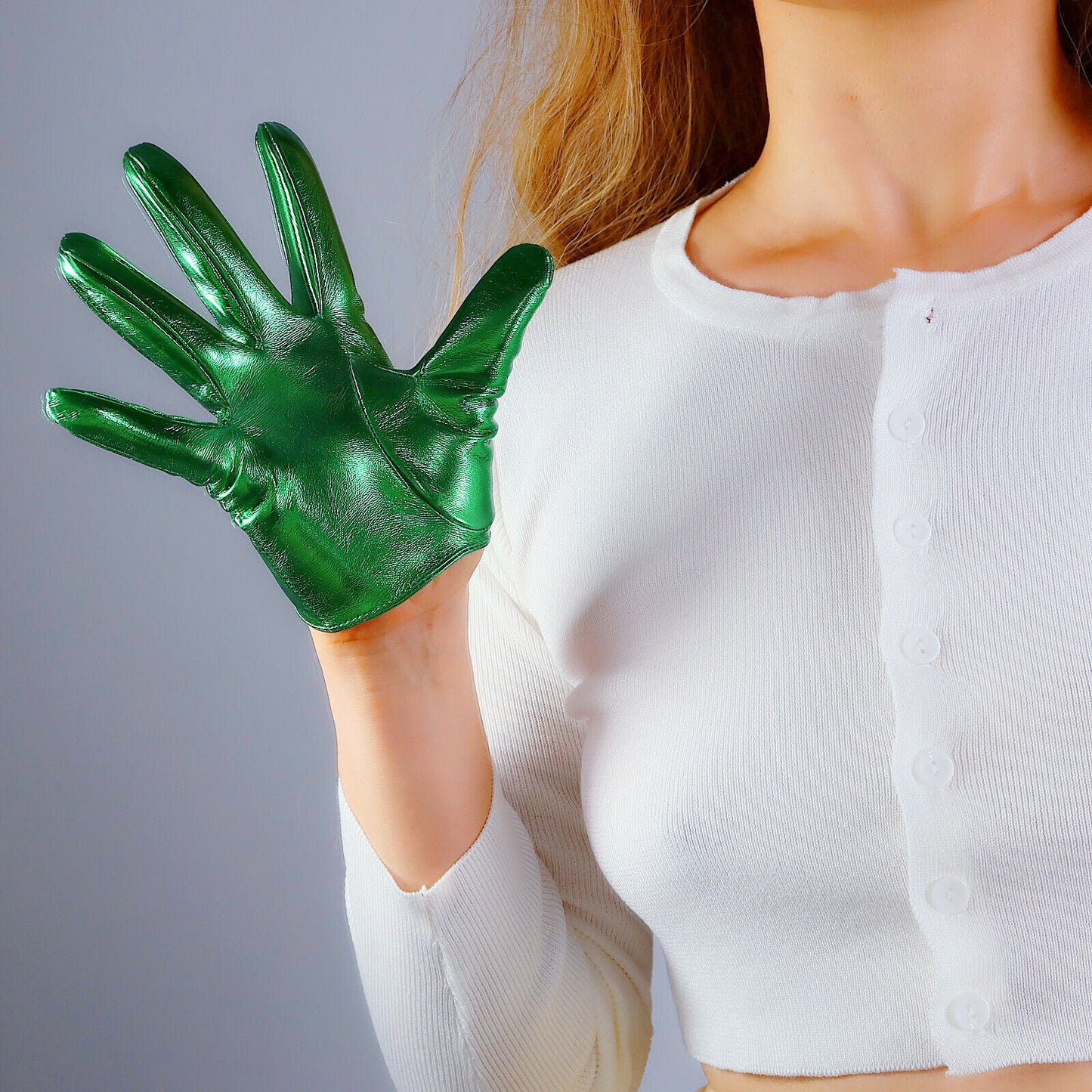 LATEX EXTRA SHORT GLOVES Faux Shine Patent Leather 6" 16m Electric Green Emerald