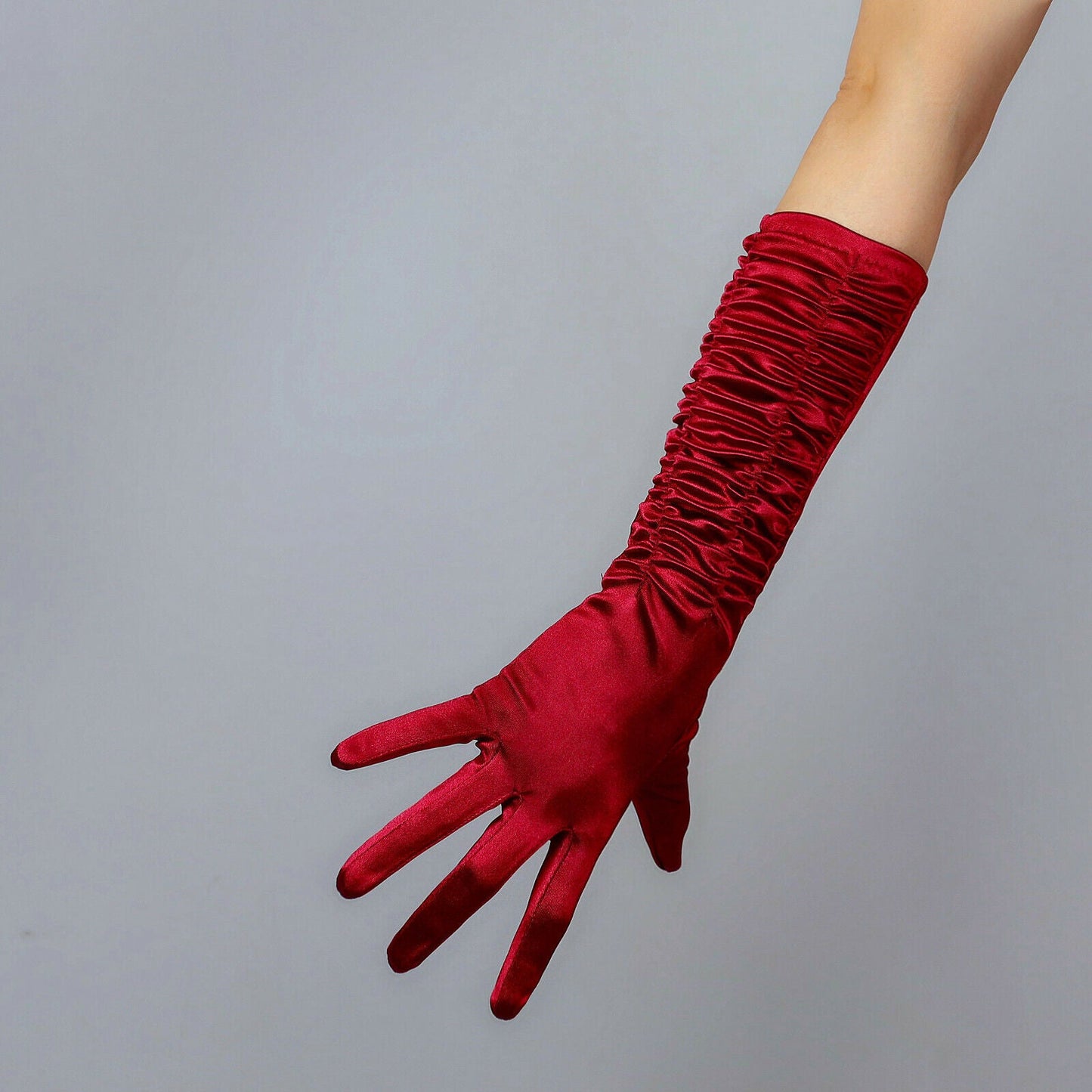 RUCHED GLOVES Stretch Satin Silk 40cm 15" Elbow Long Dark Red Wine Gathered TECH