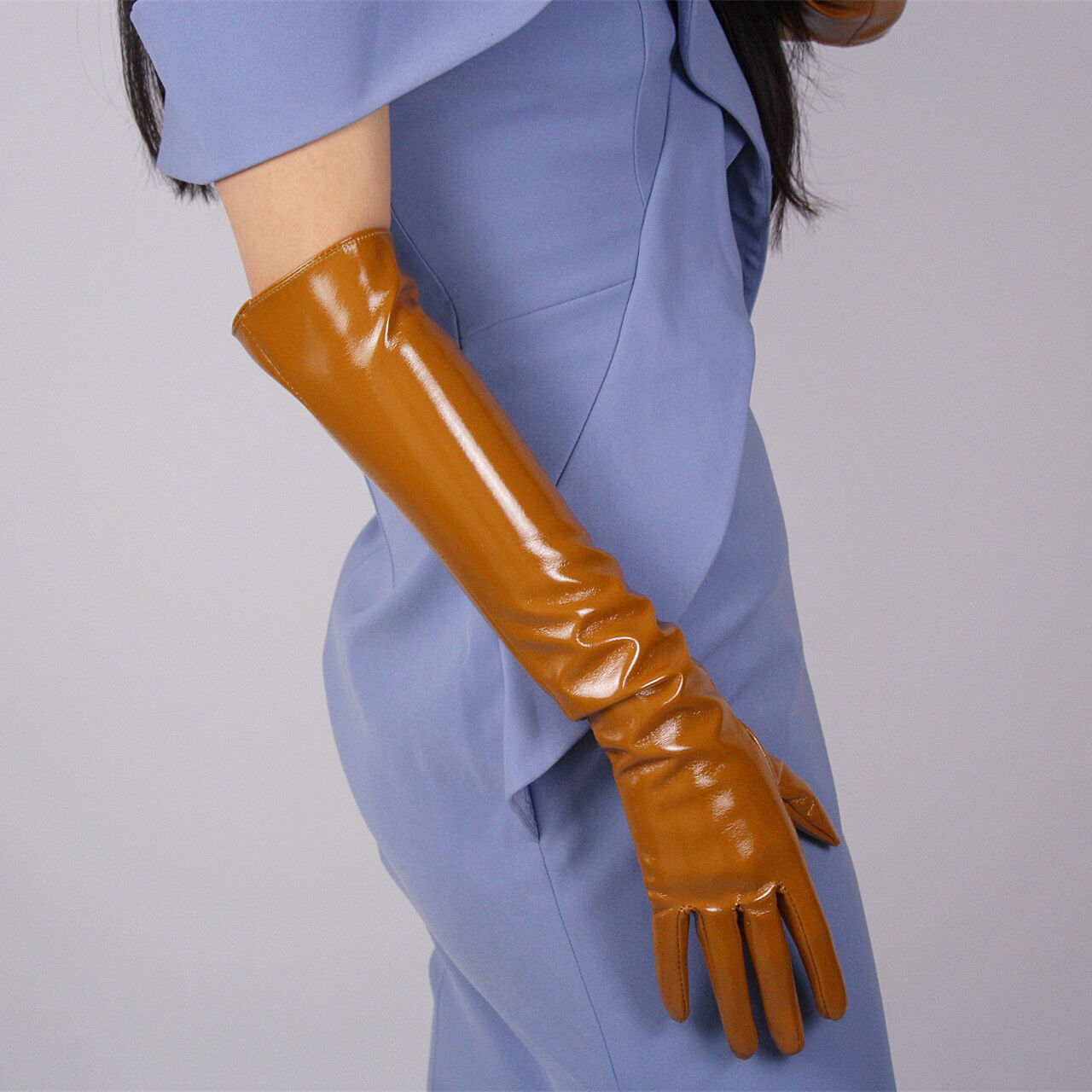 LATEX LONG GLOVES Shine Leather Faux Patent PU 20" 50cm Opera Evening Brown