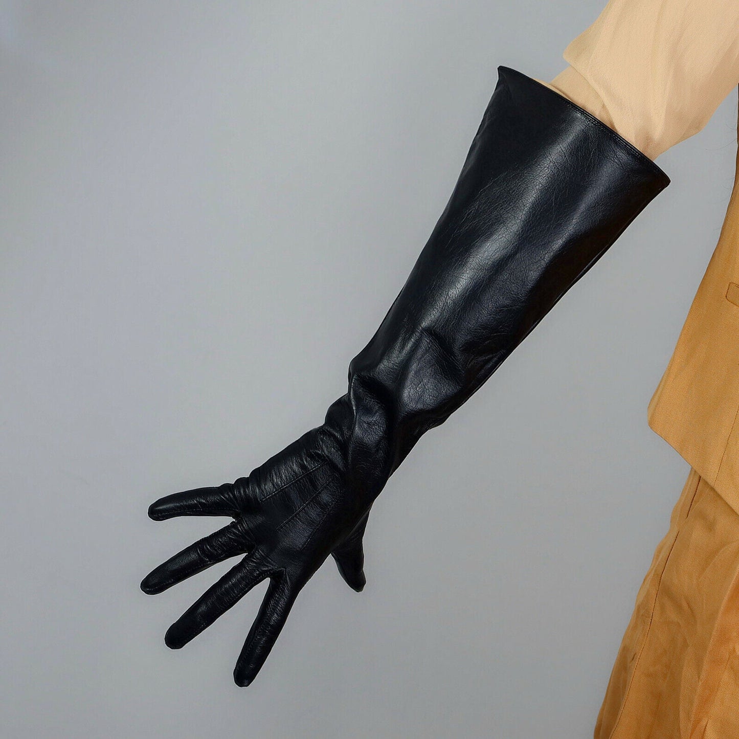 REAL LEATHER TECH LONG GLOVES Unisex Black 50cm Wide Balloon Large PUFF SLEEVES