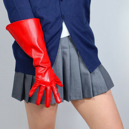 LONG GLOVES Unisex Hot Red Faux Leather 38cm Big Wide Balloon Puff Sleeves Large