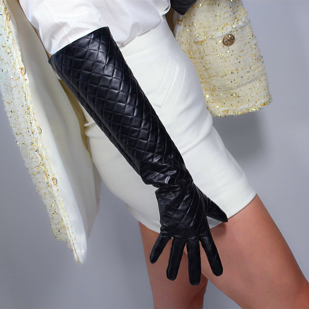 TECH LONG GLOVES Unisex Black Faux Leather 50cm L Quilted Winter PUFF SLEEVES