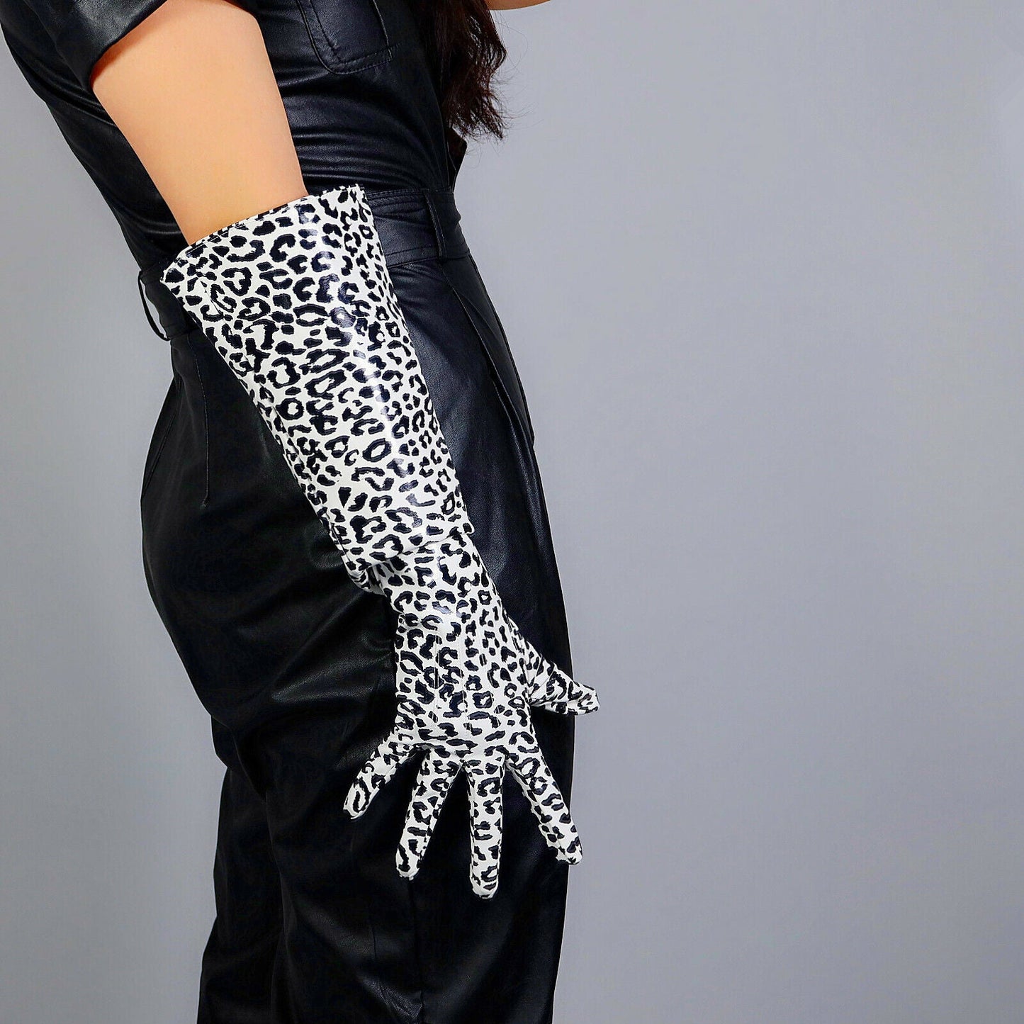 LATEX LONG GLOVES Shine Leather PU 20" 50cm Black Cheetah Leopard PUFF SLEEVES L