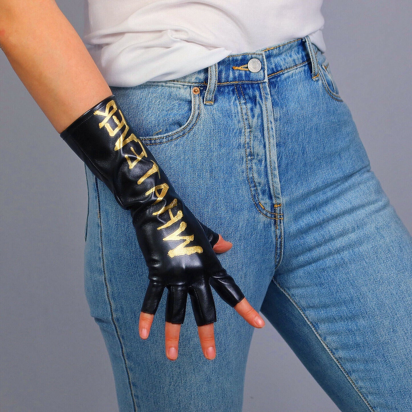 HALF FINGER Long Gloves Faux Leather Black Fingerless Gothic Cosplay 28cm 11"