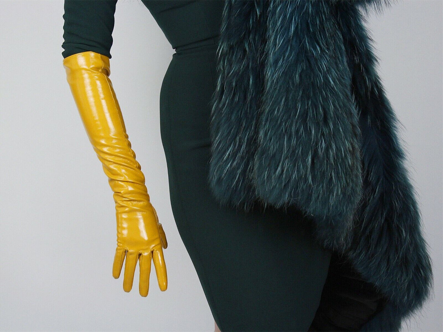 LATEX LONG GLOVES Shine Leather Faux Patent PU 20" 50cm Opera Ginger Yellow