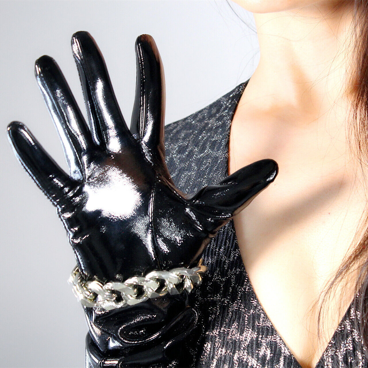 PATENT LONG GLOVES Black Faux Leather Elbow 20" 50cm L Silver Chain PUFF SLEEVES