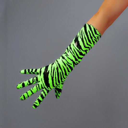 LATEX LONG GLOVES Shine Leather 16" 40cm Animal Print Zebra Fluorescent Green