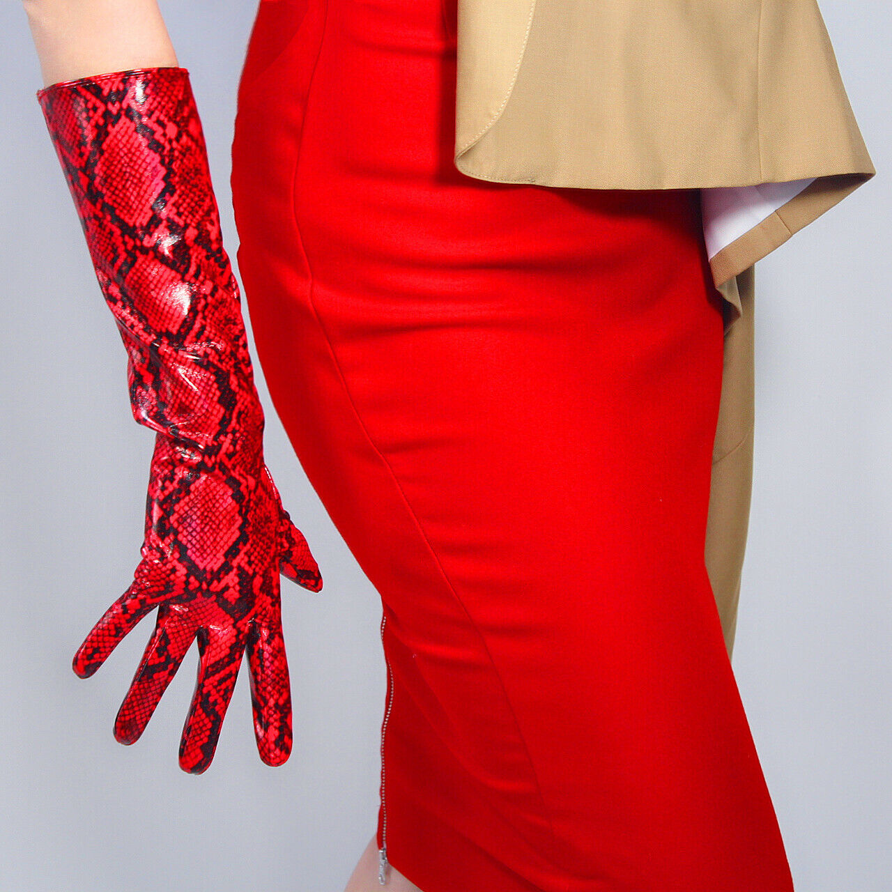 LONG LATEX GLOVES Faux Patent Leather 16" 40cm Shine Red Snake Python Snakeskin