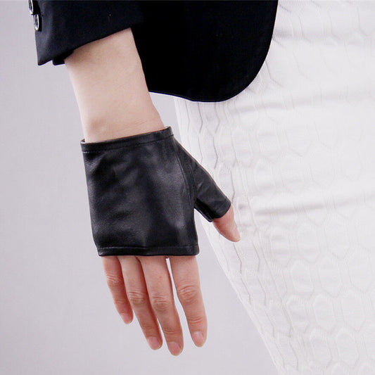 Real Leather Fingerless Short Gloves Black Lamb Sheepskin Half Finger Wristlet