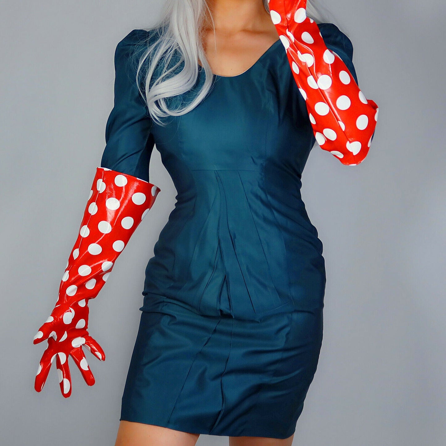 LATEX LONG GLOVES Faux Shine Patent Leather 20" 50cm Polka Dot Red PUFF SLEEVES