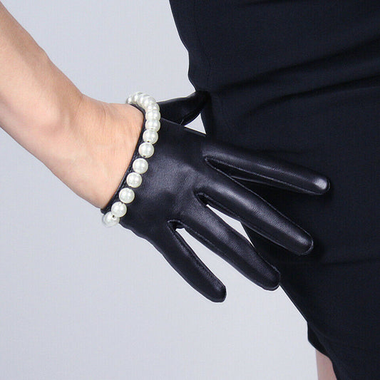 TECH GLOVES Real Leather Extra Short Crop Black Lambskin Sheepskin White Pearl