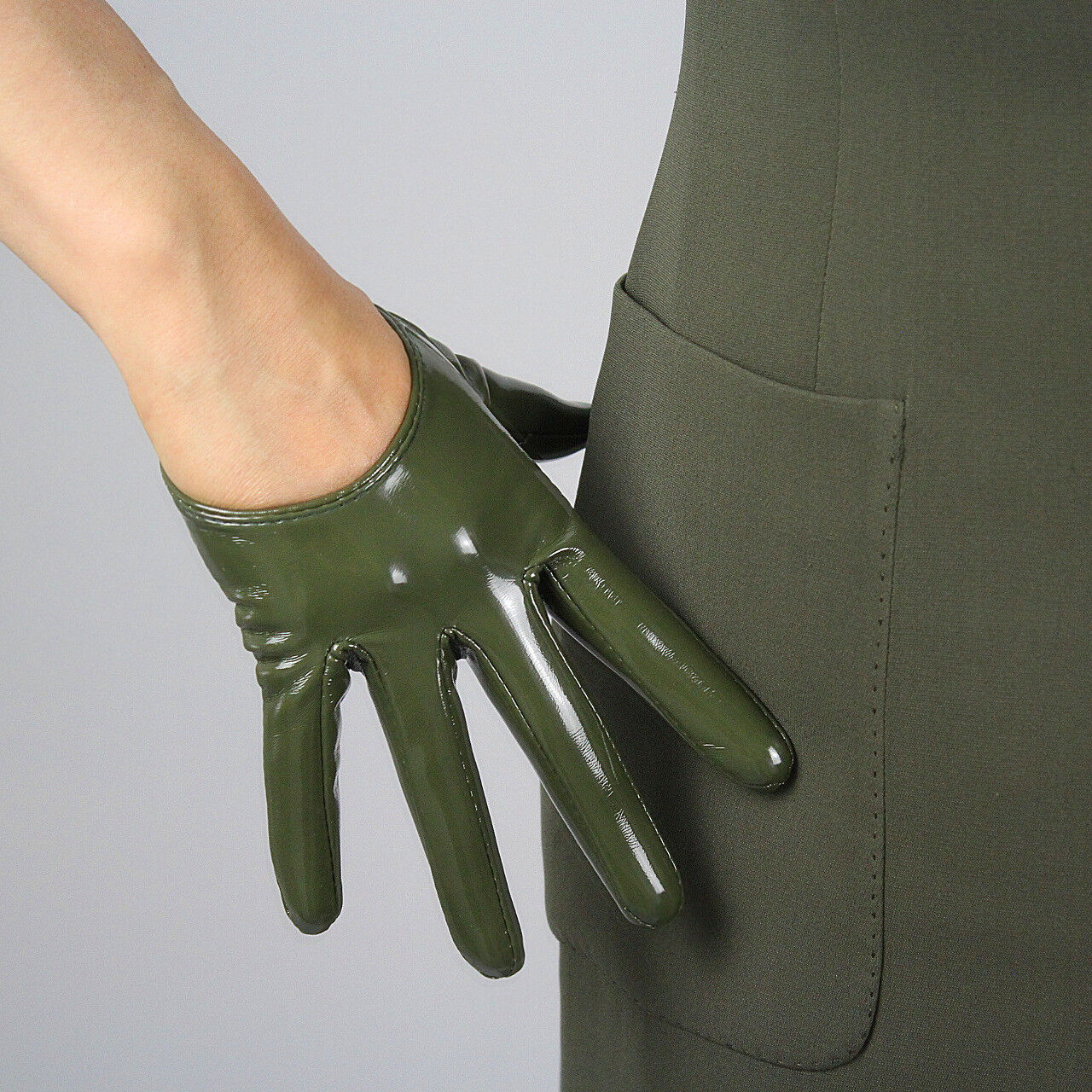 LATEX GLOVES Shine Leather Faux Patent PU 5" 13cm Extra Short Olive Army Green