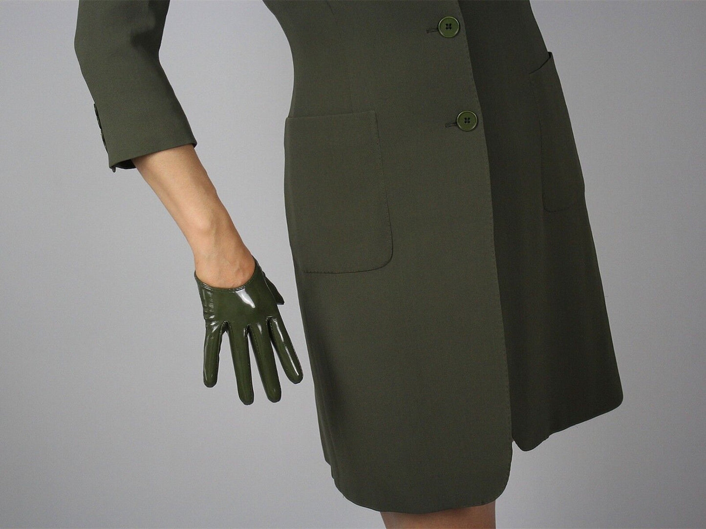 LATEX GLOVES Shine Leather Faux Patent PU 5" 13cm Extra Short Olive Army Green