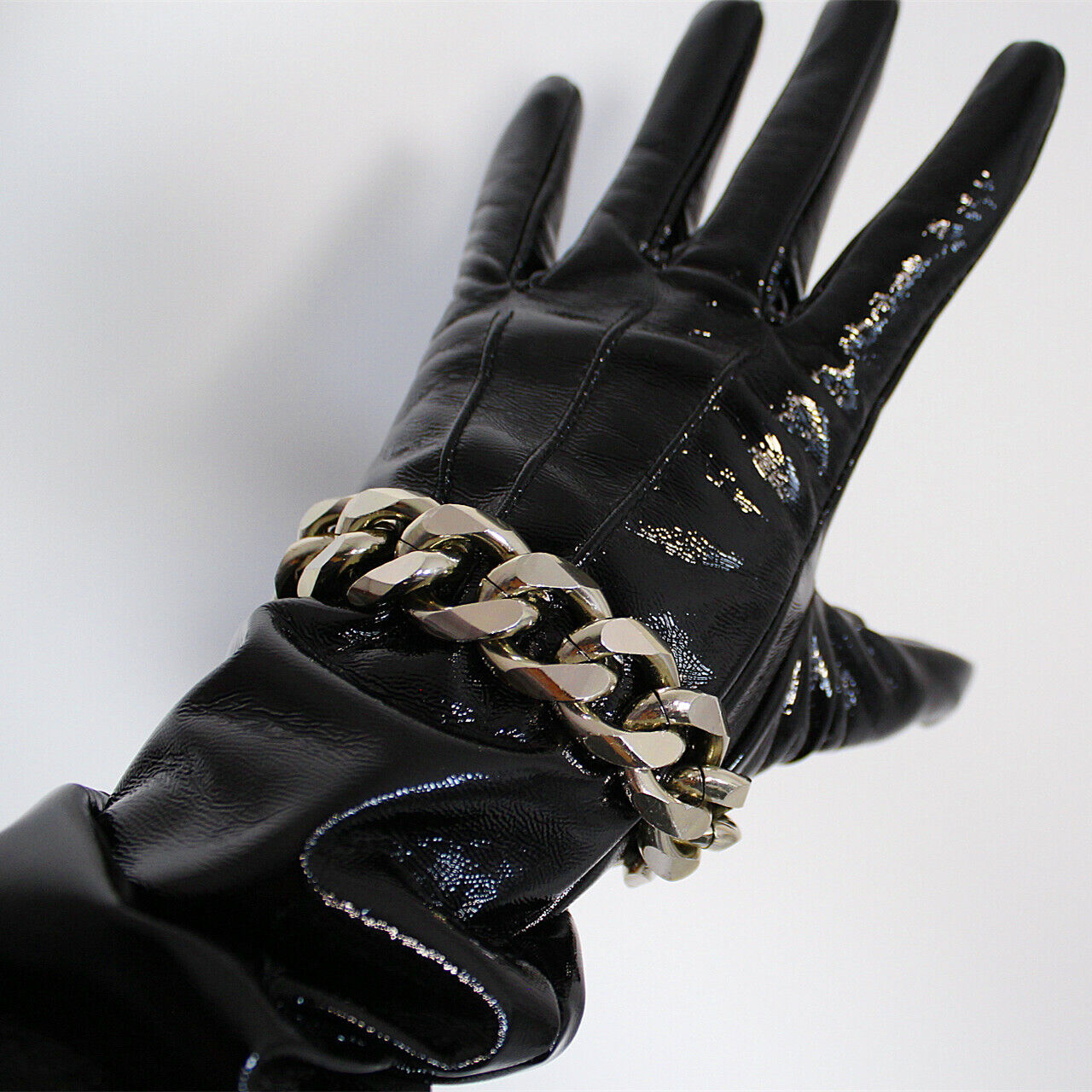 PATENT LONG GLOVES Black Faux Leather Elbow 20" 50cm L Silver Chain PUFF SLEEVES