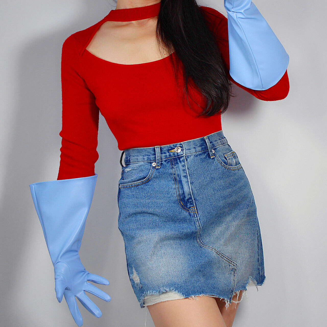 LONG GLOVES Unisex POWDER BLUE Faux Leather 38cm Wide Balloon Puff Sleeves L