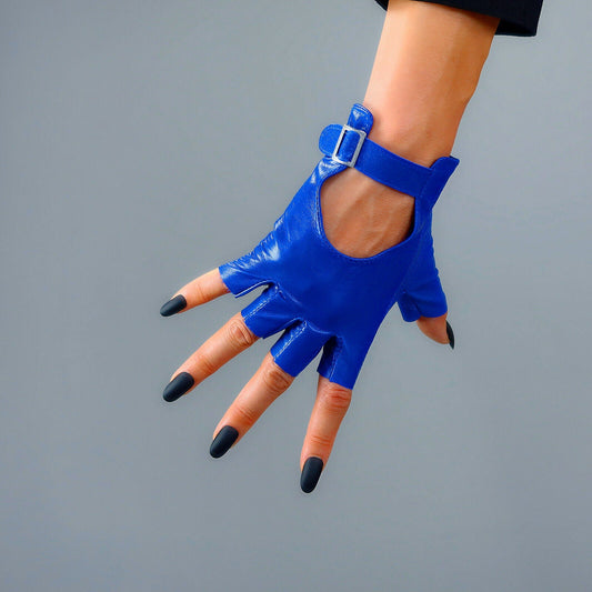 REAL LEATHER GLOVES Half Finger Klein Blue